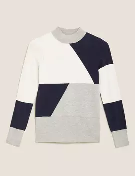 Джемпер с воротником-стойкой и цветными блоками