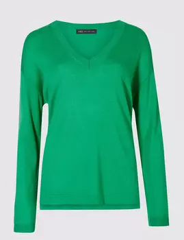 Джемпер женский однотонный с V-горловиной и длинным рукавом