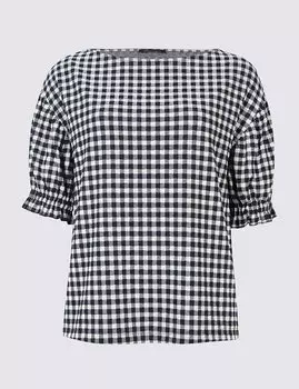 Джемпер женский в мелкую клеточку и коротким рукавом, темно-синий и хаки микс