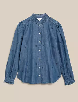 Джинсовая блузка Tencel ™ с вышивкой и оборками