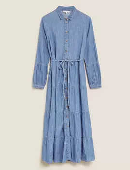 Джинсовое многоярусное платье-рубашка с поясом