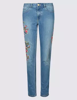 Джинсы слим средней посадки украшены цветочной вышивкой