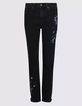 Джинсы слим украшенные вышивкой средней посадки
