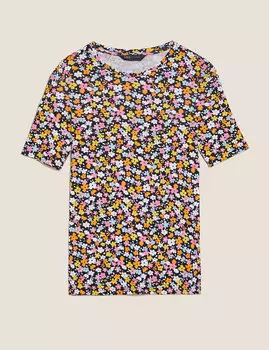 Футболка из чистого хлопка с цветочным принтом и круглым вырезом