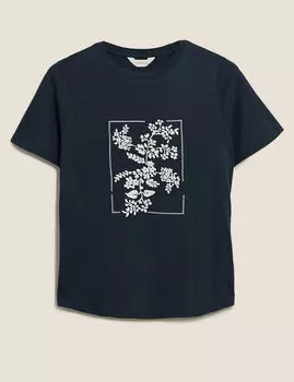 Футболка из хлопка с круглым вырезом и цветочной вышивкой