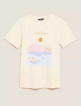 Футболка прямого кроя из чистого хлопка с надписью Dolce Vita