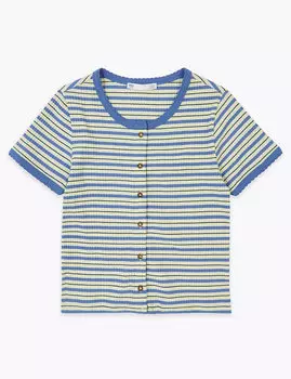 Хлопковая футболка в полоску на пуговицах