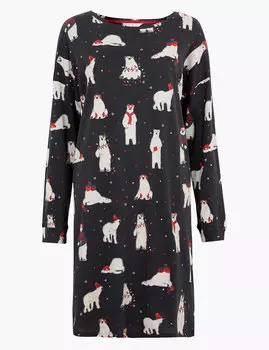 Хлопковая короткая ночная рубашка с изображением белого медведя