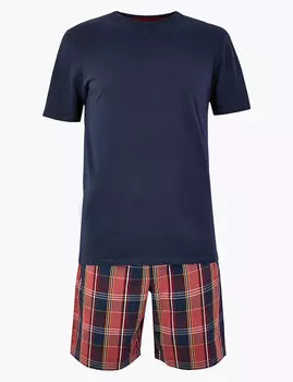 Хлопковая мужская пижама: футболка с коротким рукавом и шорты в клетку