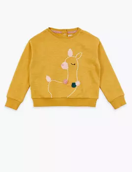 Хлопковый джемпер с изображением ламы и помпонами