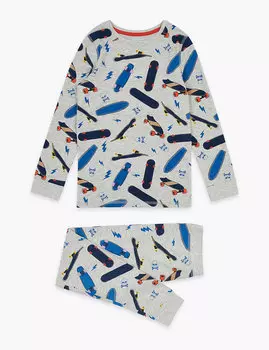 Хлопковый пижамный комплект с принтом Скейтборды