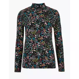 Хлопковый топ по фигуре с цветочными узорами и воротником-воронкой, Marks&amp;Spencer