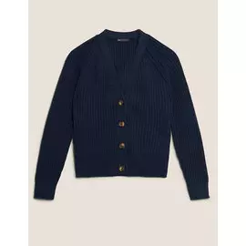 Кардиган из чистого хлопка в рубчик с V-образным вырезом, Marks&amp;Spencer