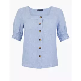 Льняная блузка с коротким рукавом и квадратным вырезом, Marks&amp;Spencer