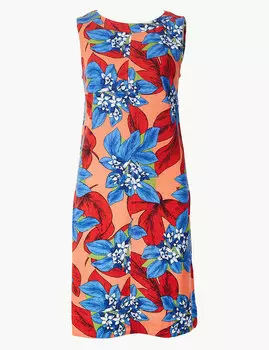 Льняное платье-шифт с ярким цветочным принтом