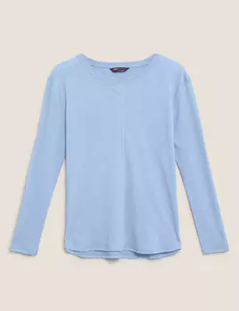 Льняной лонгслив прямого кроя с длинными рукавами и круглым вырезом