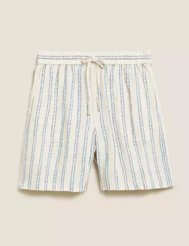 Льняные шорты в полоску с высокой талией