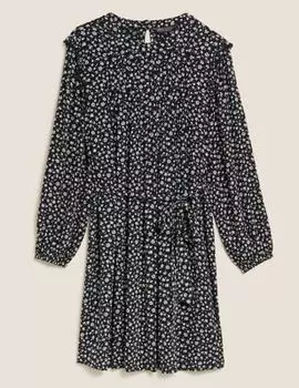 Мини-платье с цветочным принтом и круглым вырезом с поясом, Marks&amp;Spencer