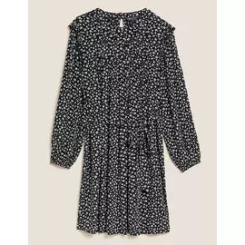 Мини-платье с цветочным принтом и круглым вырезом с поясом, Marks&amp;Spencer