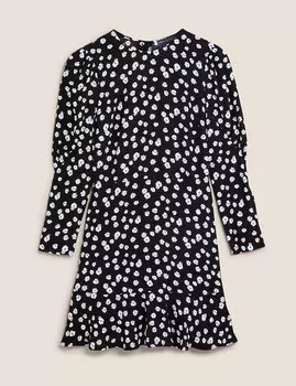 Мини-платье с цветочным принтом и пышными рукавами