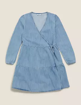 Многослойное джинсовое платье с запахом