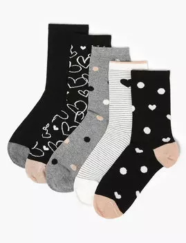 Мягкие носки с принтом "горошек" и "сердца" (5 пар)