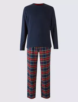 Пижама из 100% хлопка: топ однотонный с длинным рукавом и длинные брюки в клетку