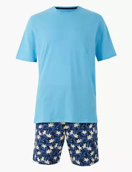 Пижама мужская из 100%-го хлопка: футболка и шорты с растительным принтом