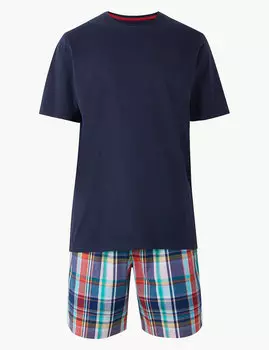 Пижама мужская из 100%-го хлопка: шорты в клетку и футболка с коротким рукавом