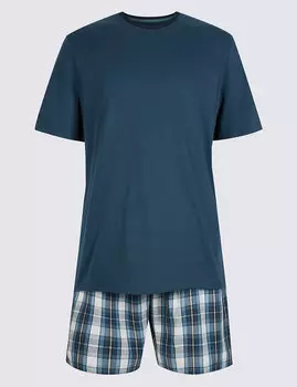 Пижама мужская из 100% хлопка: однотонная майка и шорты в клеточку
