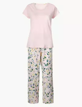 Пижамный комплект из 100%-го хлопка: топ с коротким рукавом и длинные брюки с цветочными узорами