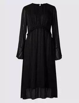 Платье длины миди, текстурированное с длинным рукавом