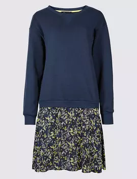 Платье хлопковое с принтом и заниженной талией