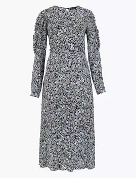 Платье-миди приталенного расклешенного кроя с цветочным принтом