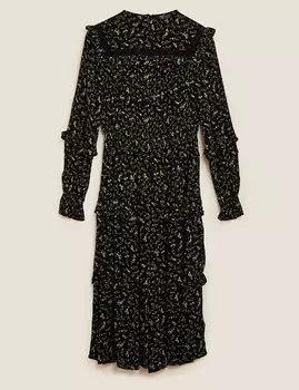 Платье-миди с цветочным принтом и рюшами