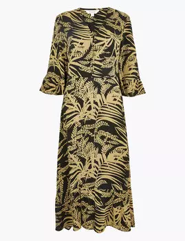 Платье-миди с лиственным принтом и рукавом три четверти