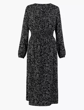 Платье миди с V-образной горловиной и цветочным принтом