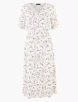 Платье-миди с V-образным вырезом и цветочным принтом в мелкий цветочек