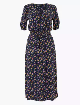 Платье-миди с V-образным вырезом и цветочным принтом в мелкий цветочек