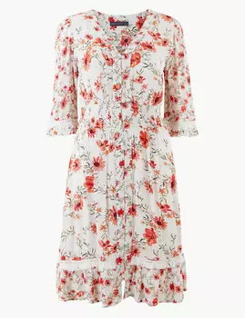 Платье приталенное с цветочным принтом спереди на пуговицах