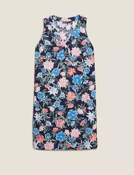 Платье прямого кроя из льна с V-образным вырезом и цветочным принтом