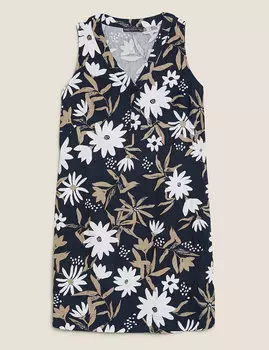 Платье прямого кроя из льна с V-образным вырезом и цветочным принтом