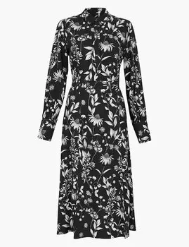 Платье-рубашка миди с цветочным принтом и длинным рукавом