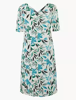 Платье-шифт из льна с принтом листья