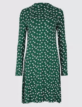 Платье свободного кроя с длинным рукавом и цветочным принтом