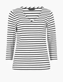 Полосатый топ с V-горловиной и рукавом 3/4