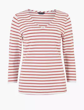 Полосатый топ с V-горловиной и рукавом 3/4