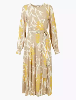 Приталенное платье-миди с принтом в виде листьев