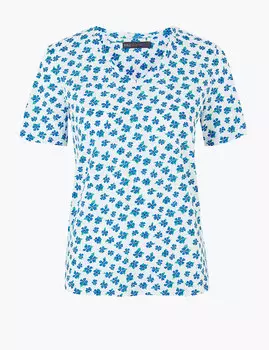 Прямая футболка из чистого хлопка c коротким рукавом и цветочным принтом