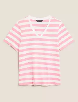 Прямая хлопковая футболка в полоску с V-образной горловиной